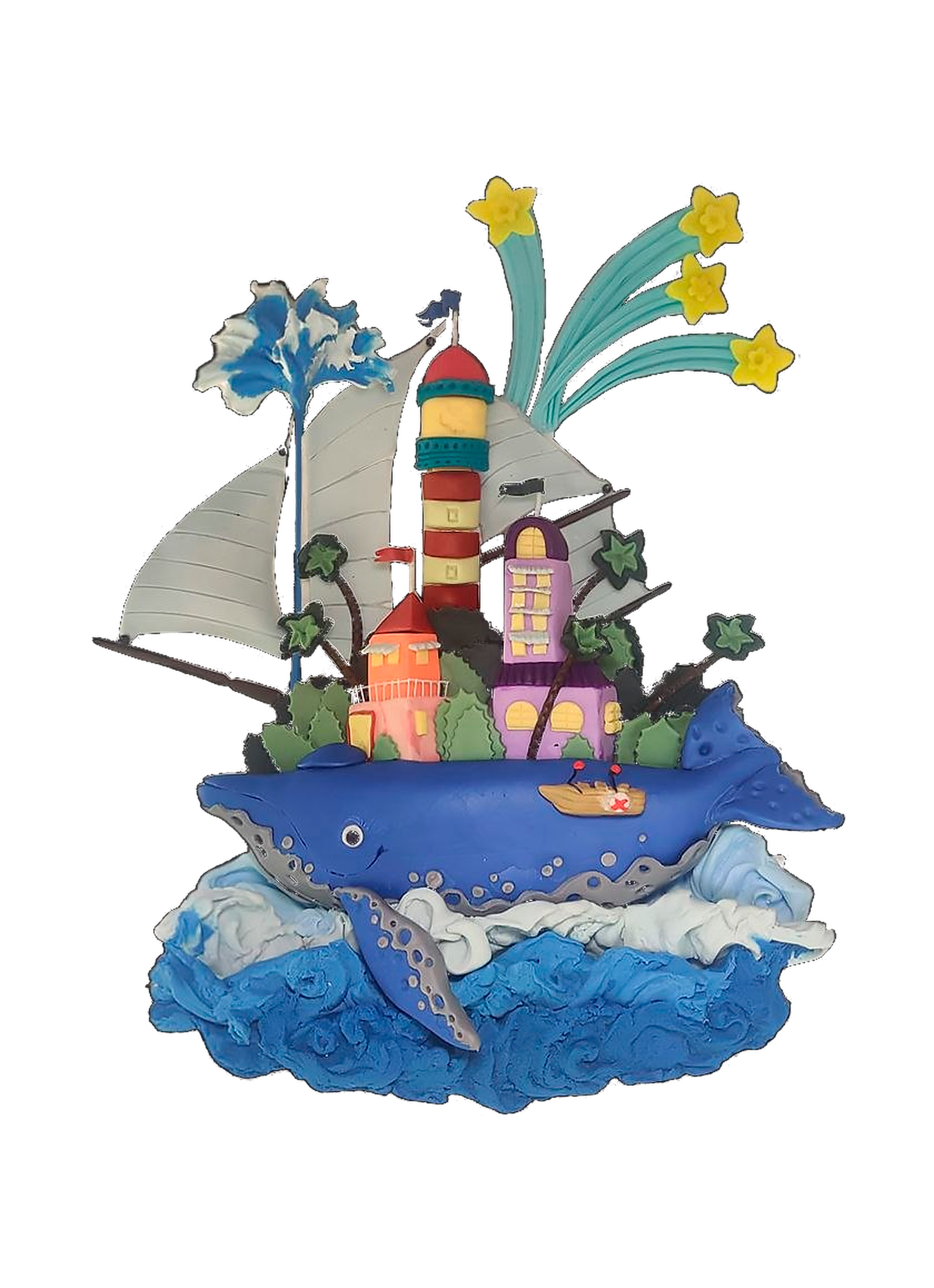 Escultura de uma baleia carregando um mundo com farol, casas e estrelas, modelada à mão