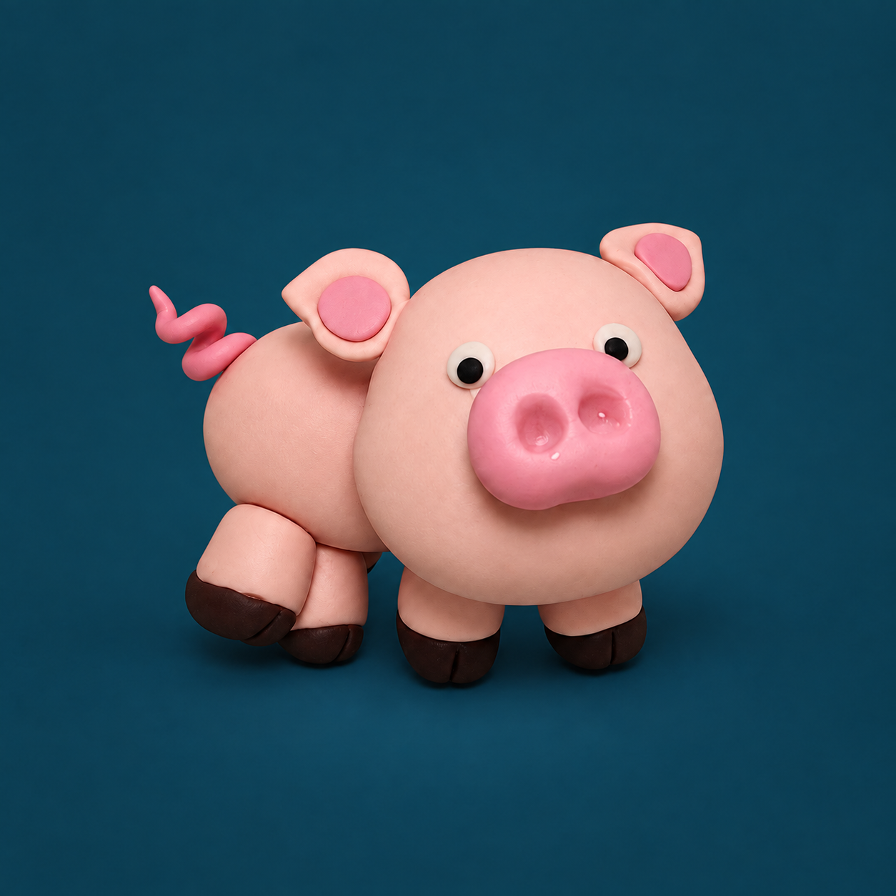 Porco modelado à mão sobre fundo azul-petróleo
