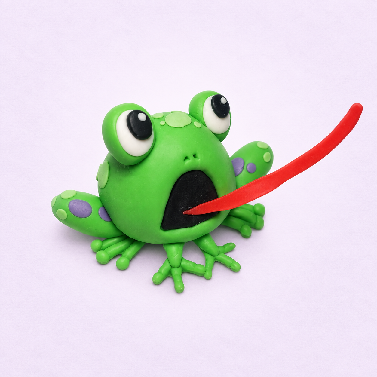 Sapo modelado em massinha sobre fundo lilás